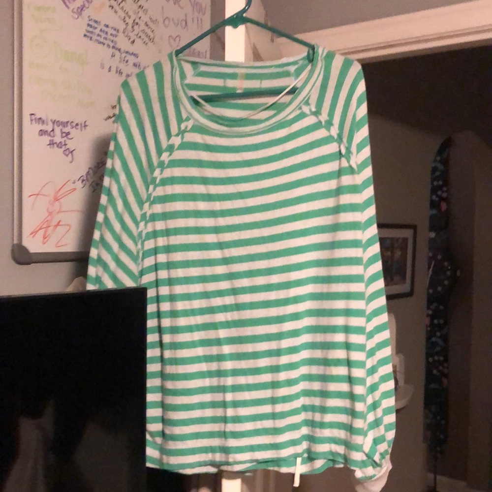 Green and white striped casual long sleeve shirt